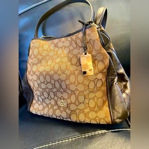 Coach Edie 31 In Signature Jacquard Khaki/Gold/Brown Leather Woven Shoulder Bag